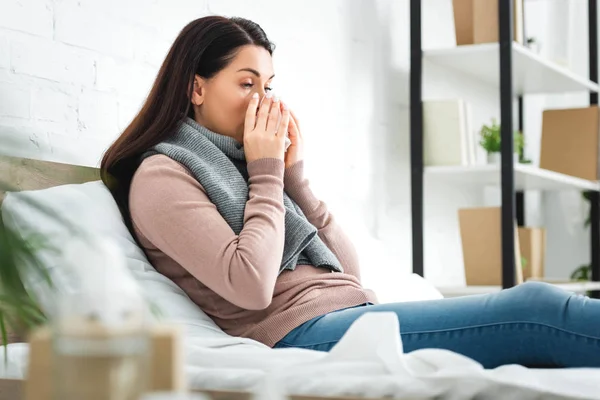 Sick Woman Scarf Runny Nose Holding Napkin Home — Stock Photo, Image