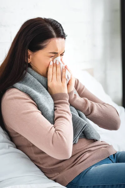 Beautiful Ill Woman Scarf Runny Nose Holding Napkin Home — Stock Photo, Image