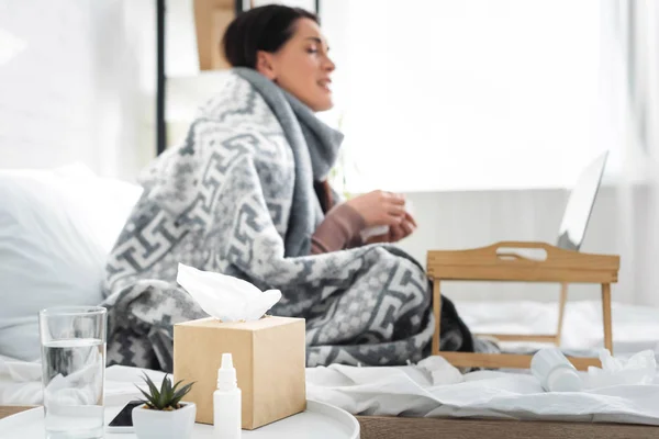 Selective Focus Sick Woman Having Online Consultation Doctor Laptop — Stock Photo, Image