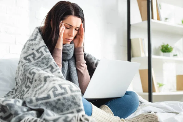 Tired Ill Woman Headache Having Online Consultation Doctor Laptop — Stock Photo, Image
