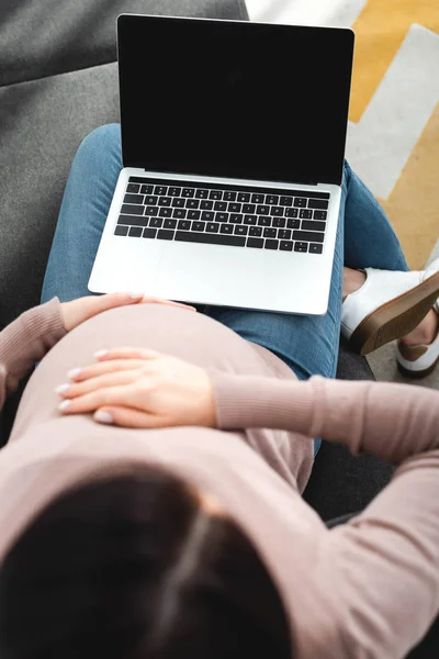 Cropped View Pregnant Woman Having Online Consultation Doctor Laptop Blank — Stock Photo, Image