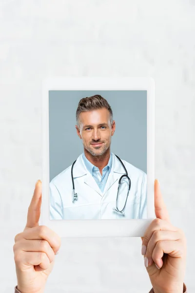Cropped View Woman Holding Digital Tablet Doctor Online Consultation White — Stock Photo, Image