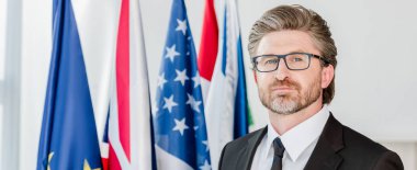 Gözlüklü yakışıklı diplomatın bayrakların yanındaki kameraya baktığı panoramik bir fotoğraf. 