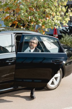 Gözlüklü yakışıklı diplomat açık araba kapısında oturuyor. 