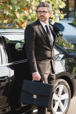 Gözlüklü, sakallı diplomat. Çantası otomobilin yanında duruyor. 