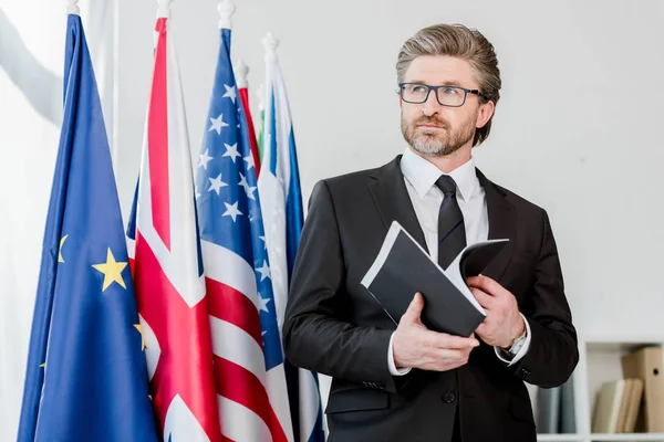 Bearded Diplomat Holding Folder Flags — Stock Photo, Image