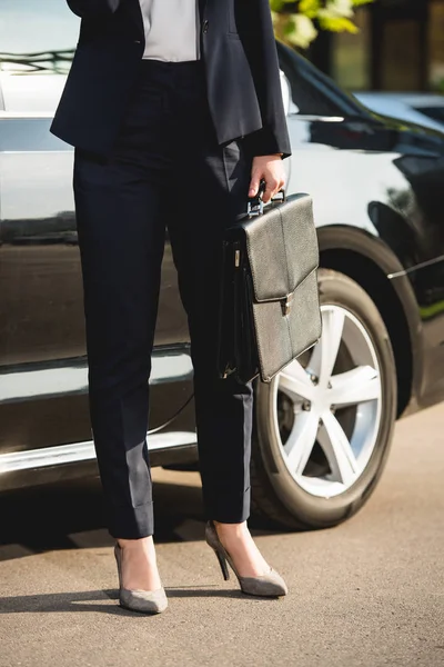 Cropped View Diplomat Heels Standing Car Briefcase — 스톡 사진