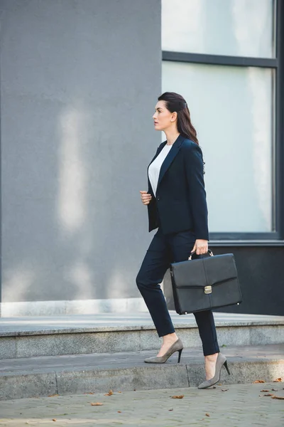 Side View Attractive Diplomat Holding Briefcase Walking Building — Stock Photo, Image