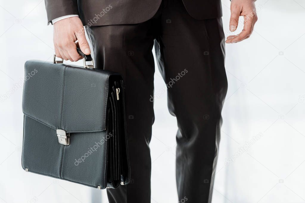 cropped view of diplomat standing with leather briefcase 
