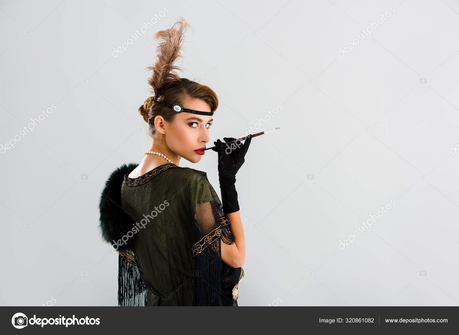 Aristocratic Woman Cigarette Holder Smoking Isolated Grey