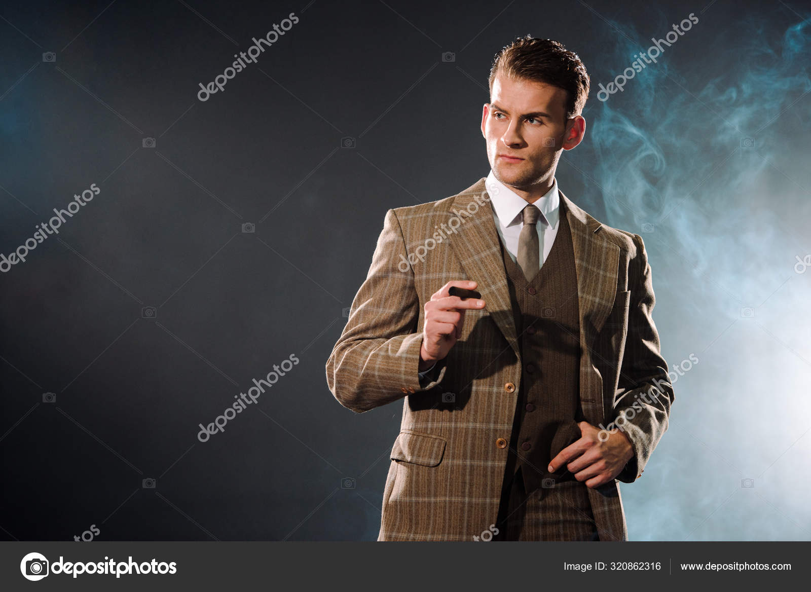 Handsome Rich Man Suit Holding Cigar Black Smoke Stock Photo