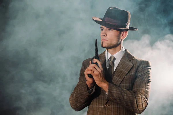 Handsome Gangster Hat Holding Gun Black Smoke — Stock Photo, Image