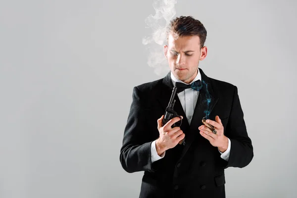 Handsome Gangster Holding Gun Cigar Isolated Grey — Stock Photo, Image