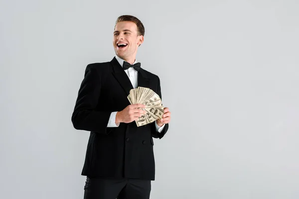 Rich Man Suit Holding Dollar Banknotes Isolated Grey — Stock Photo, Image