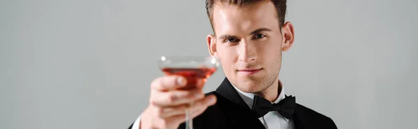 Panoramic Shot Handsome Man Suit Bow Tie Holding Glass Drink — Stock Photo, Image