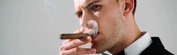 Panoramatický Záběr Pohledný Bohatý Muž Kouření Doutník Izolované Šedé — Stock fotografie