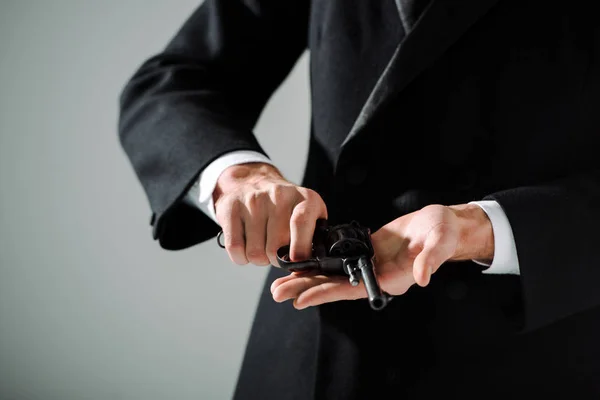 Cropped View Gangster Formal Wear Holding Black Gun Isolated Grey — Stock Photo, Image