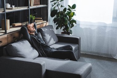 Apartmandaki kanepede oturan yakışıklı adamın yüksek açılı görüntüsü 