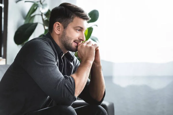 Side View Handsome Man Panic Attack Sitting Sofa Apartment — Stok fotoğraf