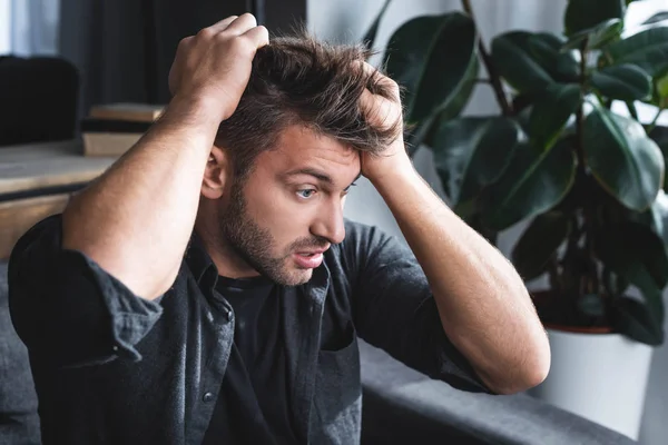 Handsome Man Panic Attack Touching Head Apartment — Stock Photo, Image