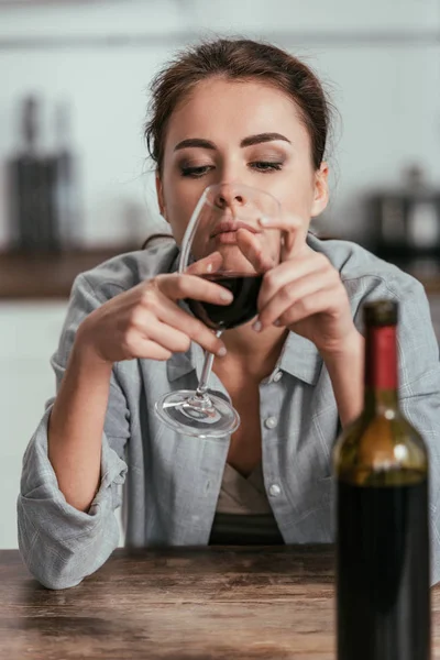 Selective Focus Sad Woman Looking Wine Glass — Stock Photo, Image