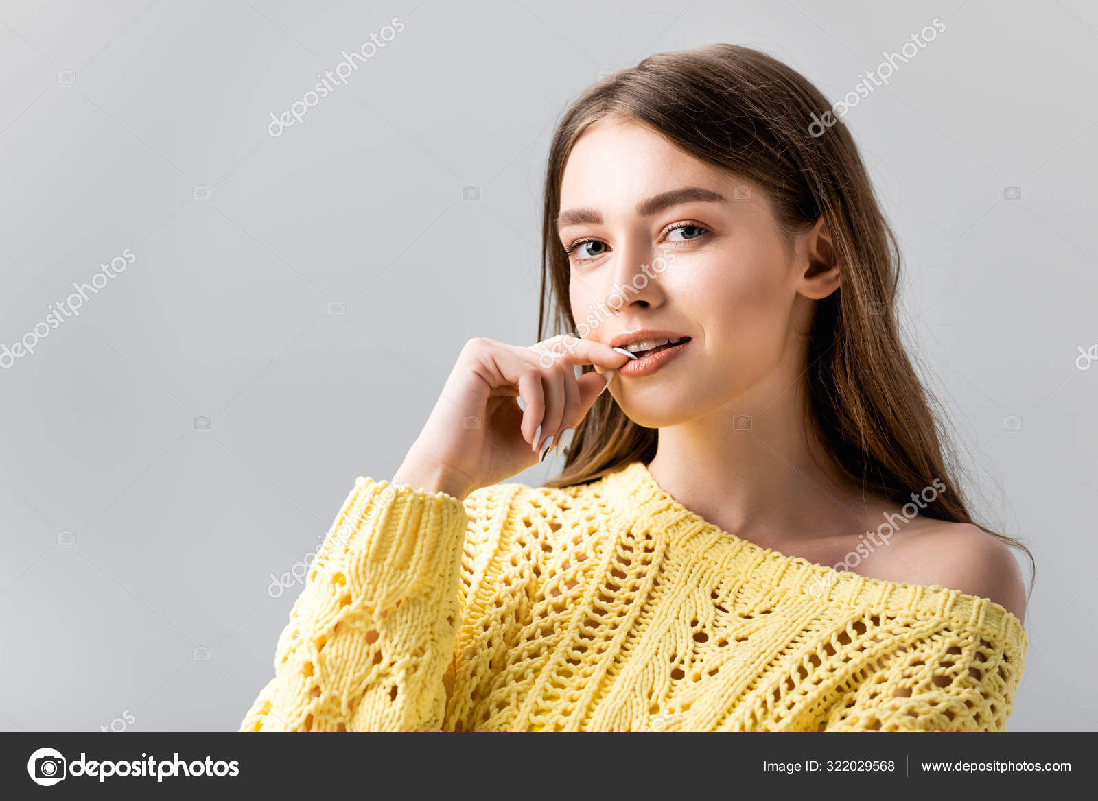 Beautiful Flirty Girl Looking Camera While Touching Lips Isolated Grey  Stock Photo by ©AndrewLozovyi 322029568