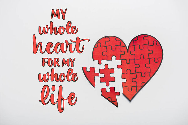 top view of drawn red heart shape puzzles near my whole heart for my whole life letters on white 