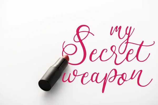 Black Tube Red Lipstick Secret Weapon Letters White — Stock Photo, Image