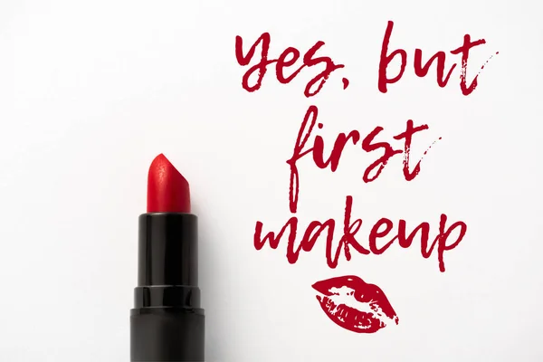 Bovenaanzicht Van Rode Lippenstift Buurt Van Maar Eerste Make Letters — Stockfoto