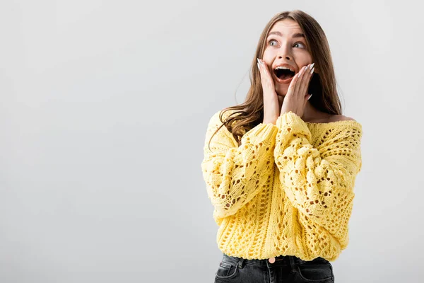 Shocked Girl Holding Hands Face Looking Away Isolated Grey — Stock Photo, Image