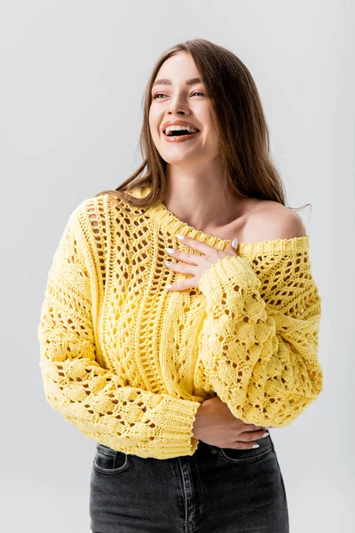 Beautiful Girl Laughing While Holding Hand Chest Looking Away Isolated — Stock Photo, Image