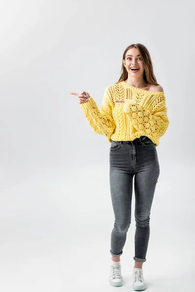 Full Length View Cheerful Girl Pointing Fingers Looking Camera Isolated — Stock Photo, Image