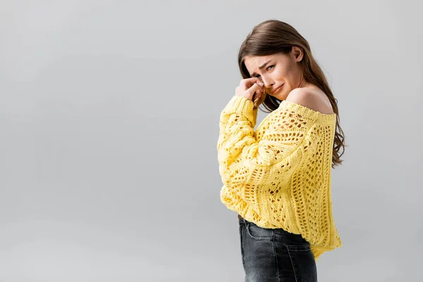 Upset Girl Yellow Sweater Crying Wiping Tears Hand Looking Camera — Stock Photo, Image