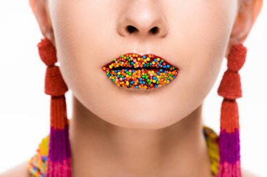  cropped view of girl in beaded earrings, with beads on lips isolated on white clipart
