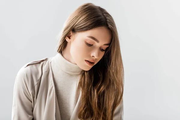 Dreamy Stylish Woman Looking Isolated Grey — Stock Photo, Image