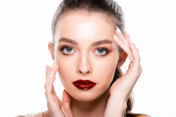 Beautiful Young Woman Touching Face While Looking Camera Isolated White — Stock Photo, Image