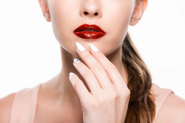 Cropped View Young Woman Red Lips Manicure Isolated White — Stock Photo, Image