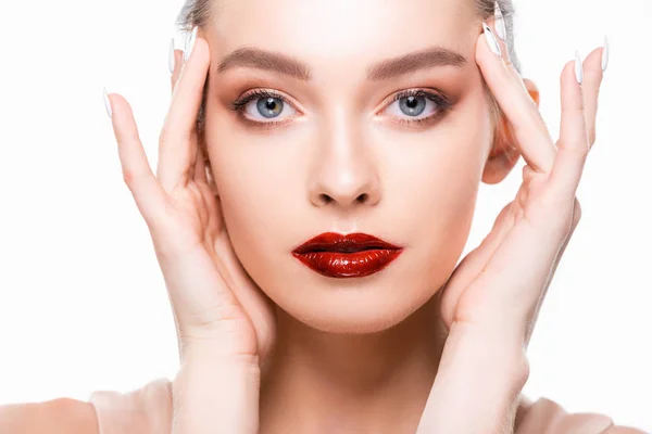 Beautiful Girl Red Lips Makeup Touching Face While Looking Camera — Stock Photo, Image