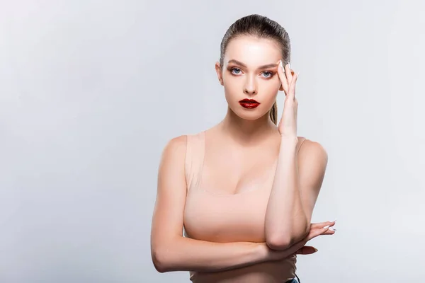 Attractive Girl Red Lips Makeup Touching Face While Looking Camera — Stock Photo, Image