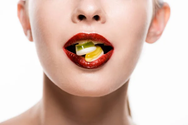 Cropped View Young Woman Candies Mouth Isolated White — Stock Photo, Image