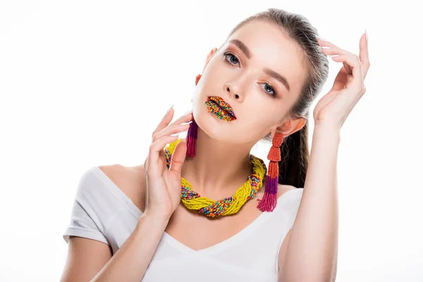 Beautiful Girl Beaded Accessories Beads Lips Looking Camera Isolated White — Stock Photo, Image