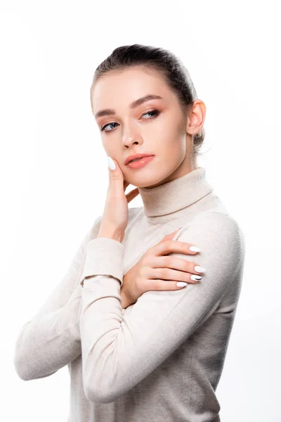 Vacker Flicka Med Naturlig Makeup Vidröra Ansiktet Och Titta Bort — Stockfoto