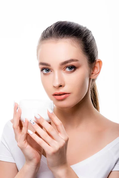 Attractive Girl Looking Camera While Holding Container Face Cream Isolated — Stock Photo, Image