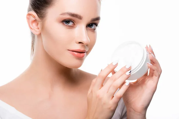 Attractive Girl Looking Camera While Touching Face Cream Container Isolated — Stock Photo, Image