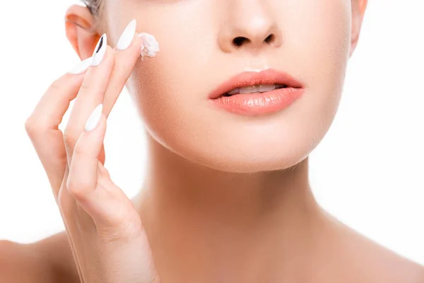 Cropped View Young Womam Applying Cosmetic Cream Face Isolated White — Stock Photo, Image