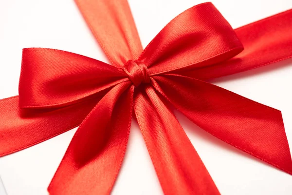 Close Satin Ribbon Decorative Red Bow Isolated White — Stock Photo, Image