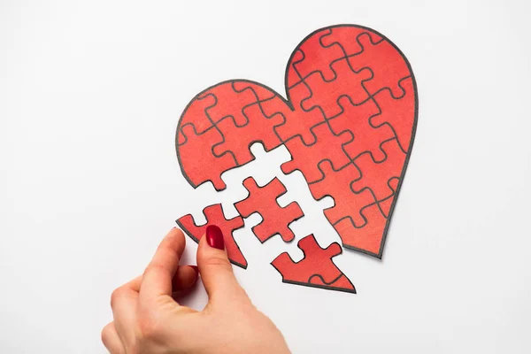 Cropped View Woman Touching Drawn Red Heart Shape Jigsaw Isolated — Stock Photo, Image