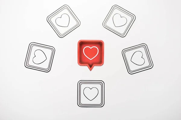 Top View Red Speech Bubble Black Cubes Hearts Isolated White — Stock Photo, Image