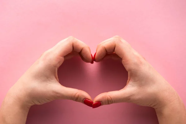 Cropped View Woman Showing Heart Shaped Sign Hands Pink — Stock Photo, Image