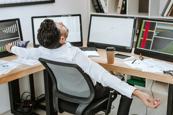 Racial Trader Outstretched Hands Sitting Computers Graphs — Stock Photo, Image